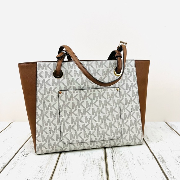 Michael Kors Signature Logo Walsh Medium Tote Vanilla Brown Shoulder Bag - Picture 5 of 12